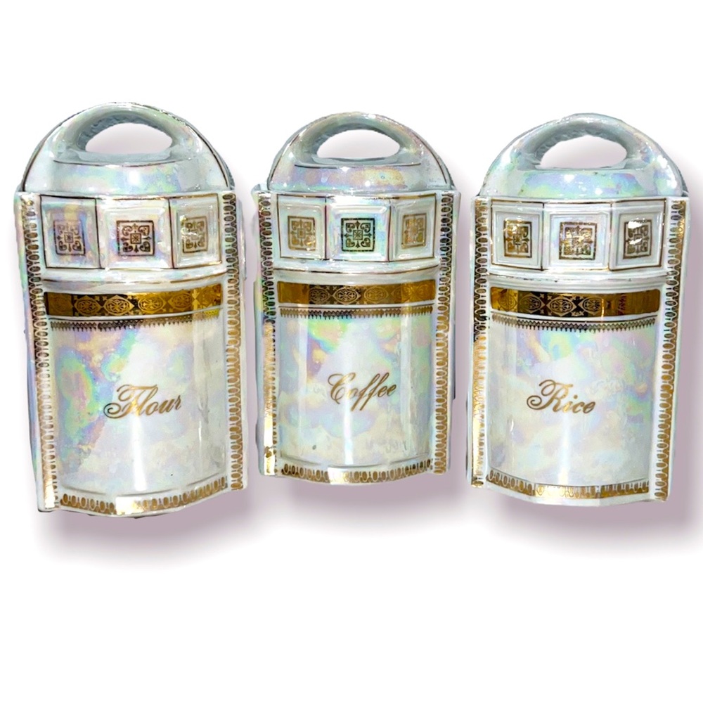 3 Antique iridescent lusterware canisters
